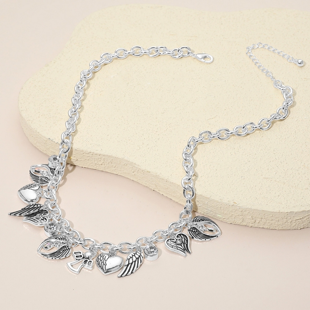 Angel Wing Heart Charm Necklace Silver Tone Adjustable 18" Chain